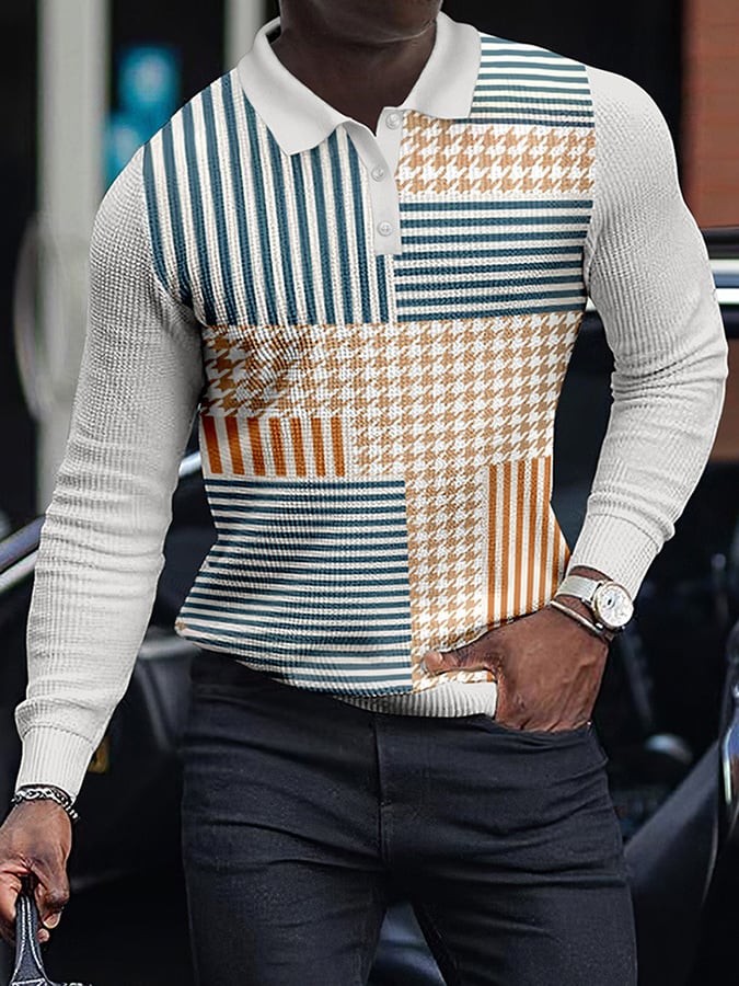 Colorblocked Stripe Casual Waffle Long Sleeved Men'S Polo Shirt