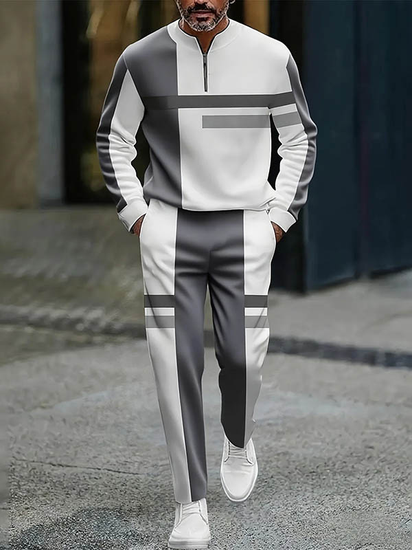 Men's Casual Color Matching Printed Round-Neck Zipper Long Sleeved Trousers Two-Piece Set