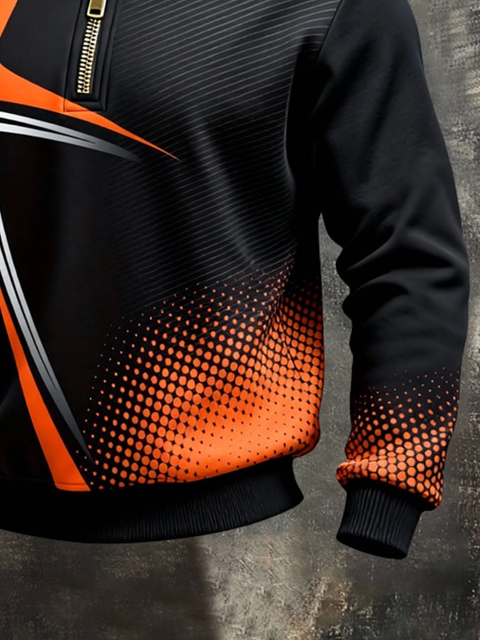 Men's Retro Color Block Print Color-Blocked Zip-Up Sweatshirt