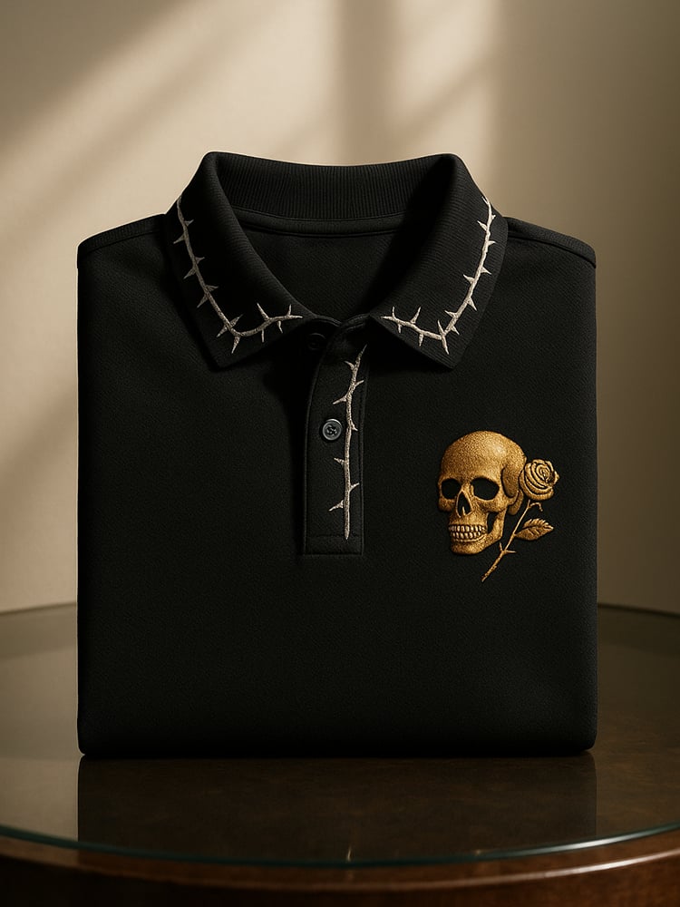 Men's Business Casual Skull Print Button-Down Polo Shirt