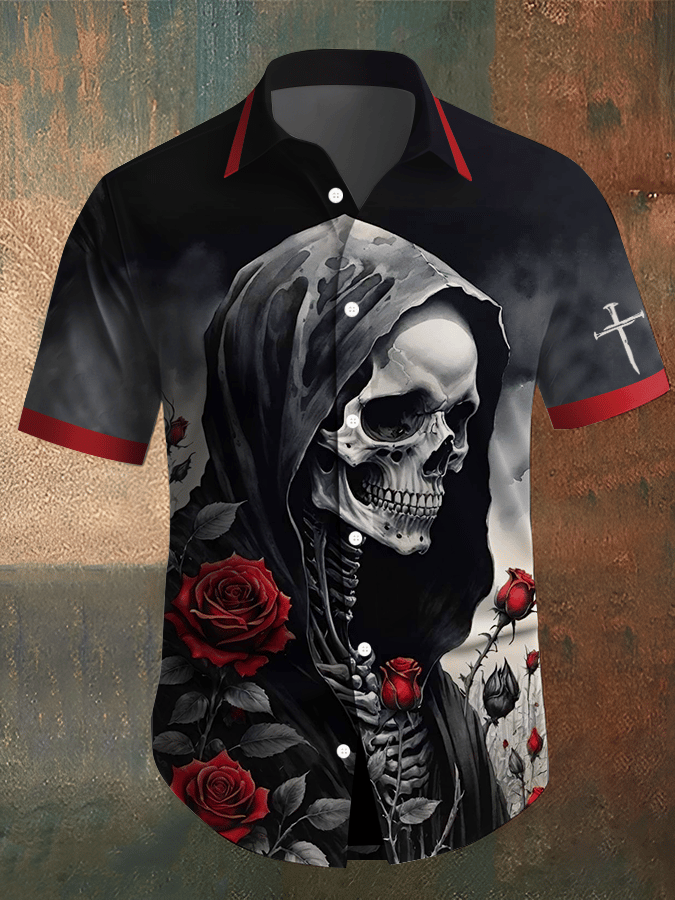 Men's Dark Skull Print Vintage Casual Shirt