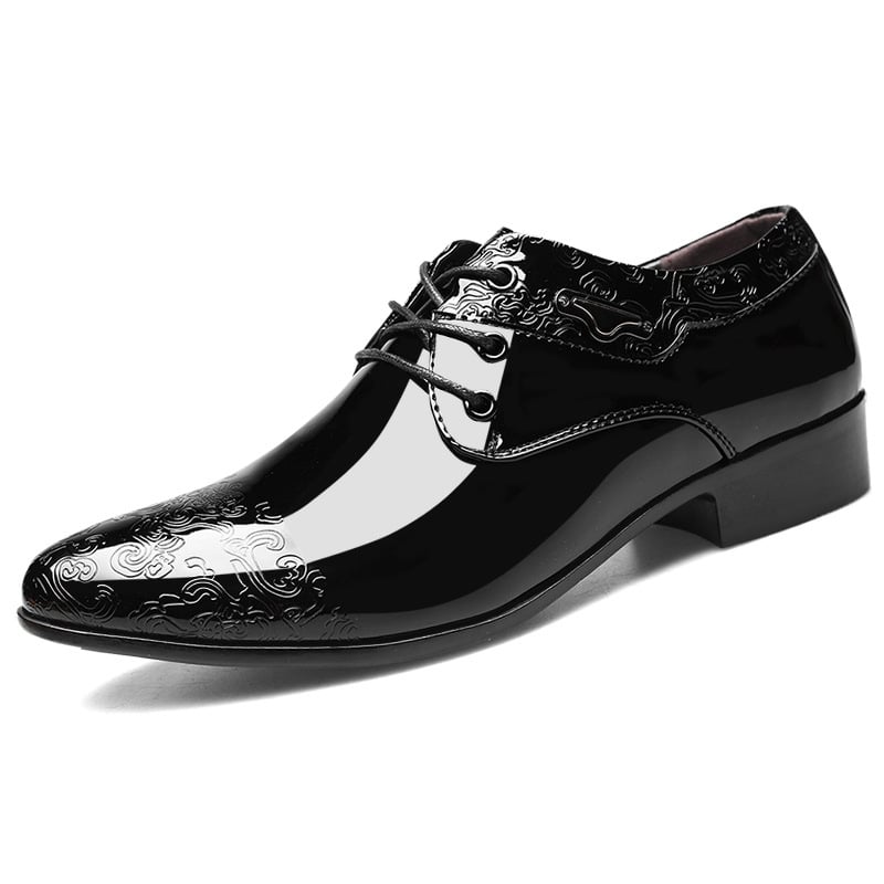 Men's Business Formal Casual Pointed Toe Carved Slip-on Patant Faux Leather Shoes