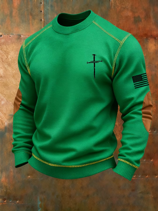 Men's Vintage Faith Cross Print Waffle Crew Neck Sweatshirt