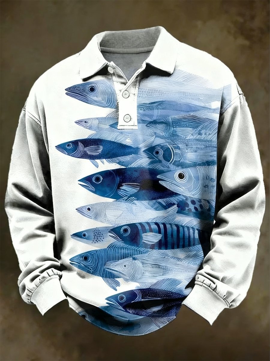 Men's Retro Japanese-style Fish Art Print Long-Sleeved Polo Shirt