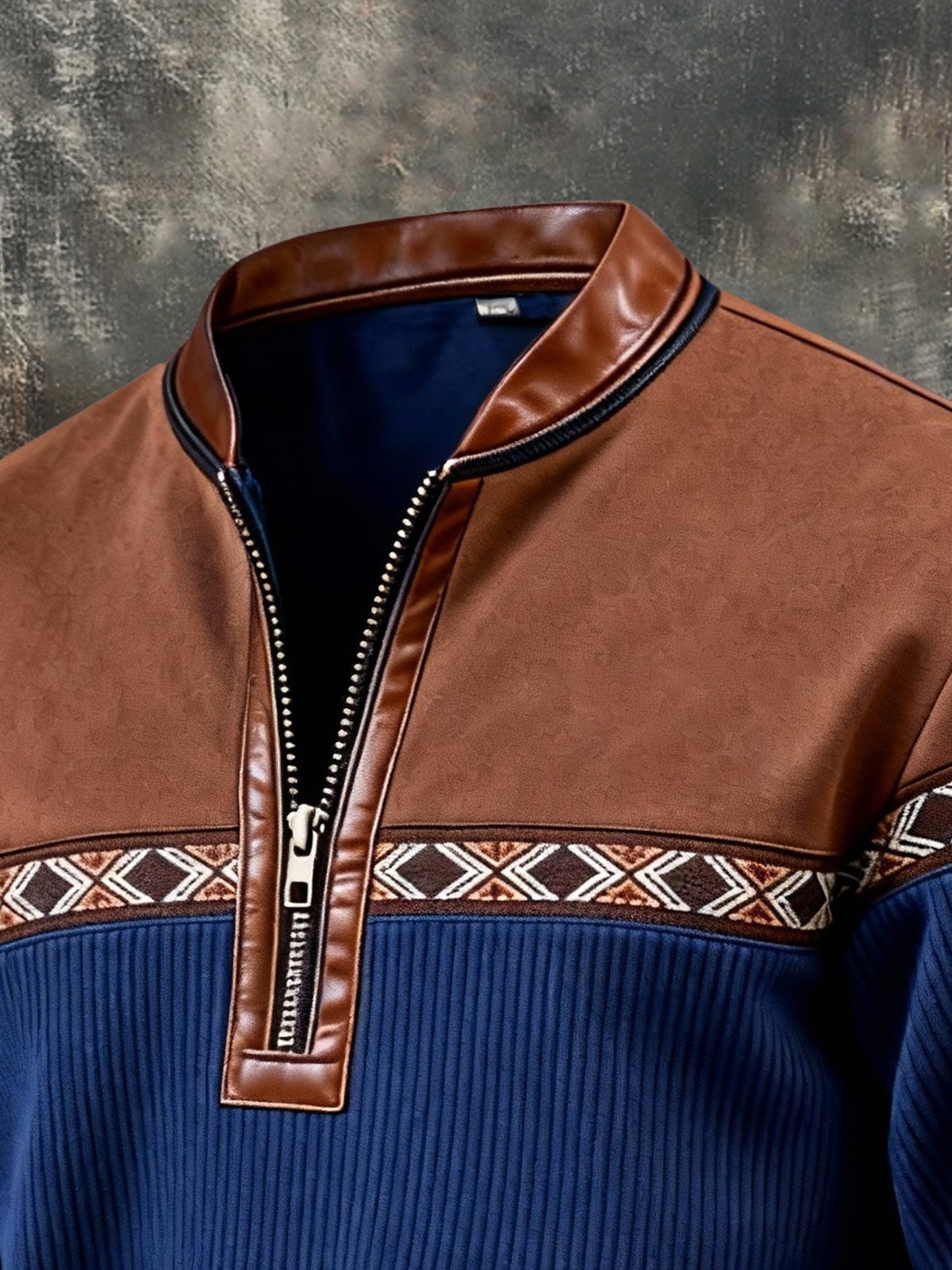 Men's Vintage Color-Block Printed Zip-Up Hoodie