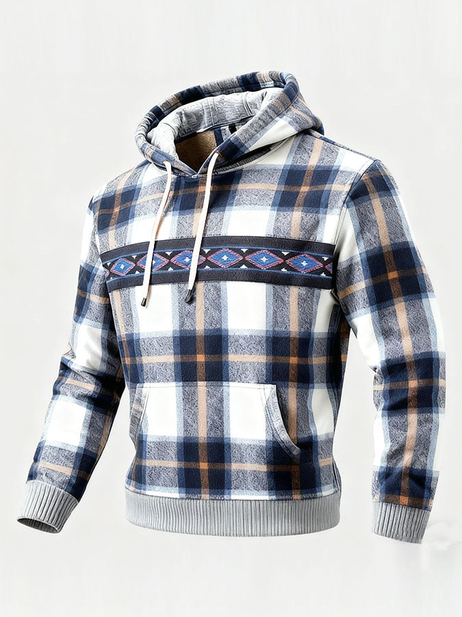 Men's Casual Retro Plaid Print Long Sleeve Hooded Sweatshirt