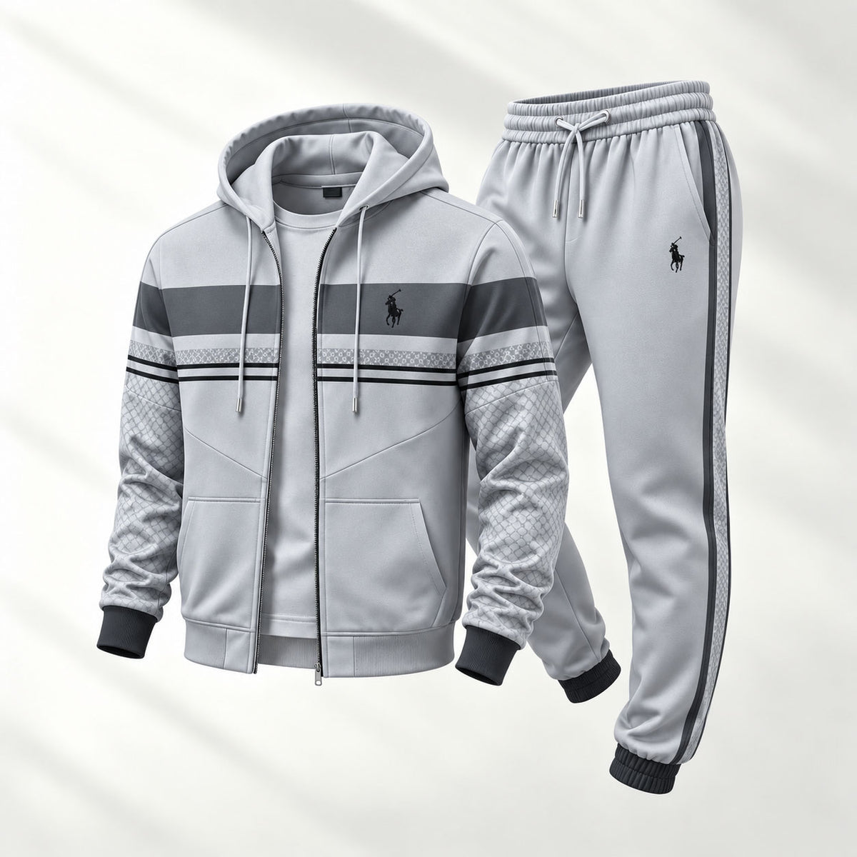 Men's Two-Piece Set: Color-Blocked Printed Hooded Cardigan and Sweatpants