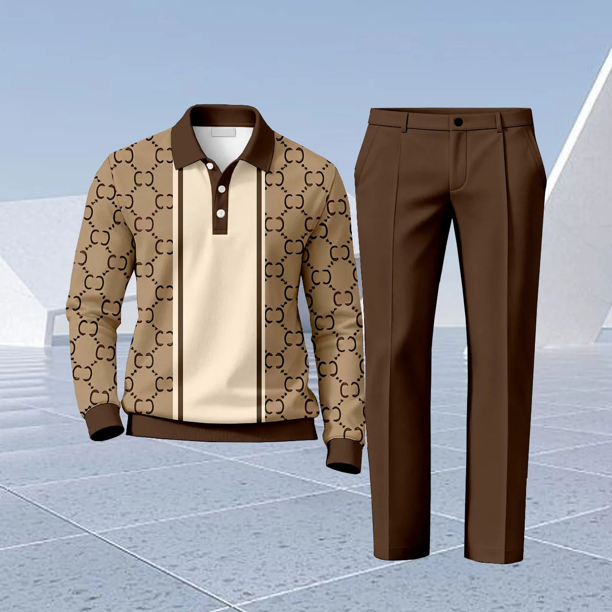 Men's Printed Polo Shirt and Pants Set