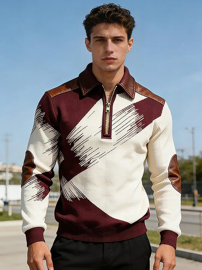 Men's Retro Color Block Print Zipper Sweatshirt