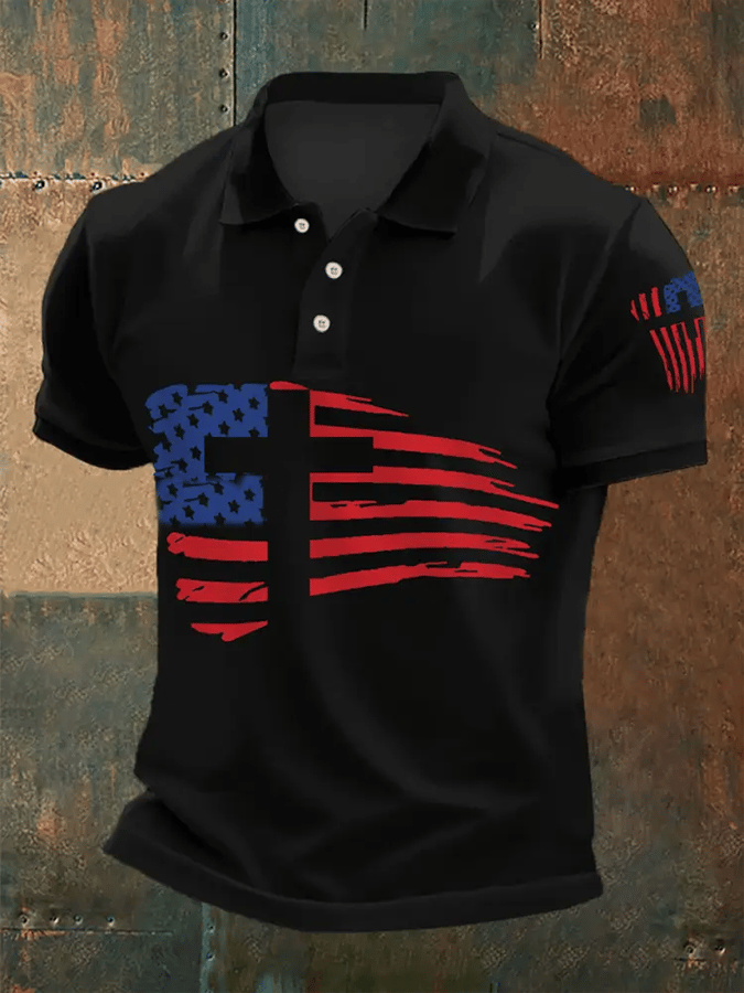 Men's Faith Cross America Flag Printed Short Sleeve POLO T-shirt