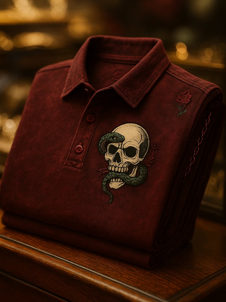 Men's Business Casual Skull Print Button-Down Polo Shirt