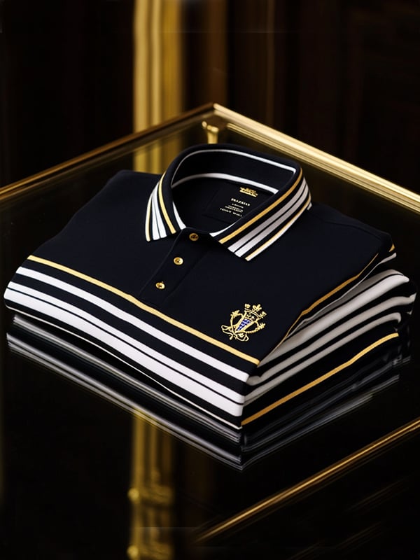 Men's Retro Business Stripe Print Long Sleeve Polo Shirt