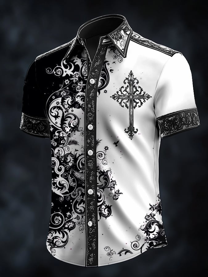 Men's Casual Fashion Dark Pattern Cross Crow Contrast Satin Shirt