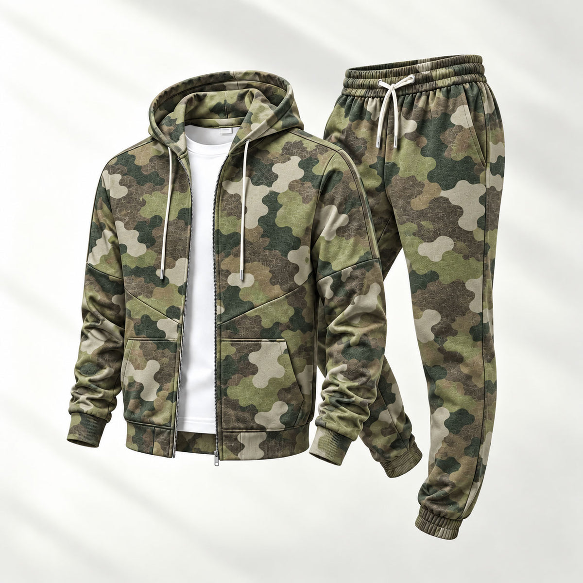 Men's Camouflage Hooded Cardigan and Sweatpants Set