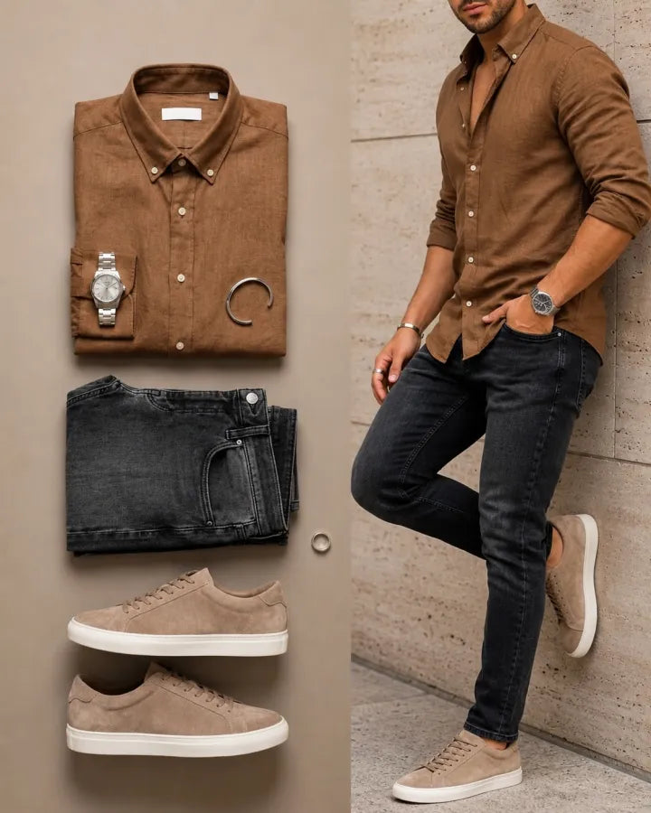 Men's Casual Brown Color Matching Linen Long Sleeve Shirt & Dark Grey Jeans Two-Piece Set