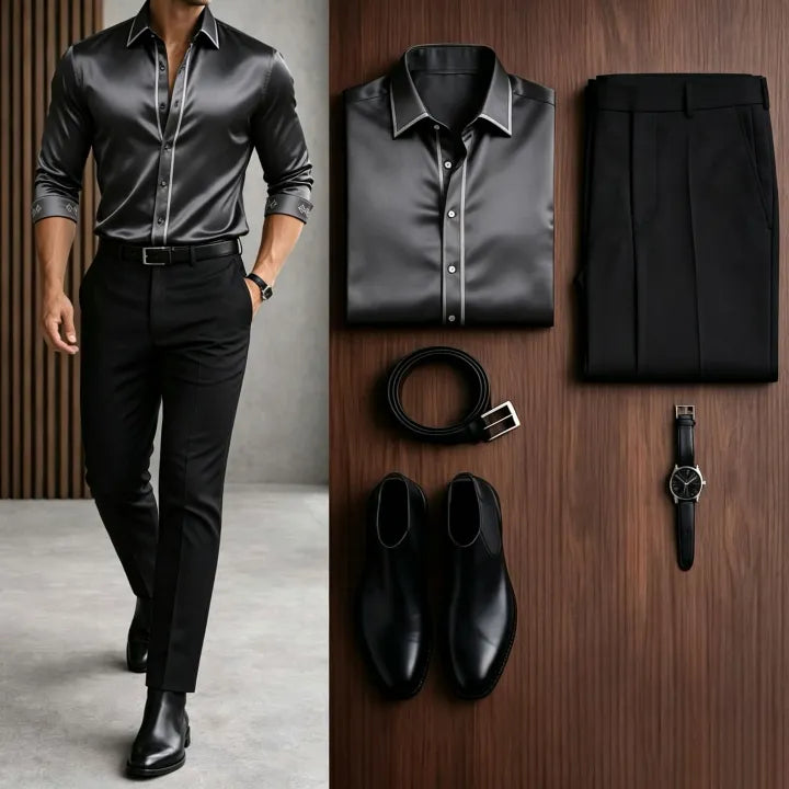 Men's Casual Dark Gray Long Sleeve Baroque Shirt & Black Chino Pants Two-Piece Set