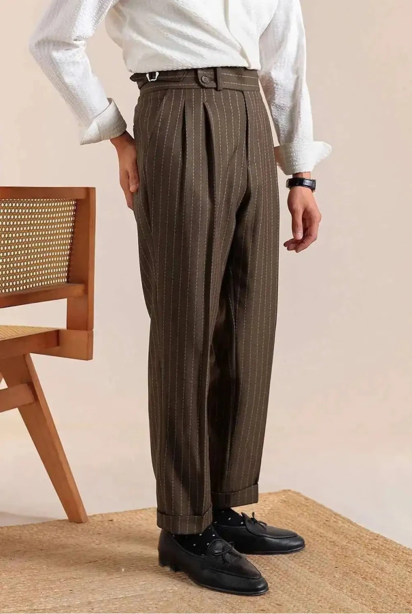 Italian style double pleated striped trousers