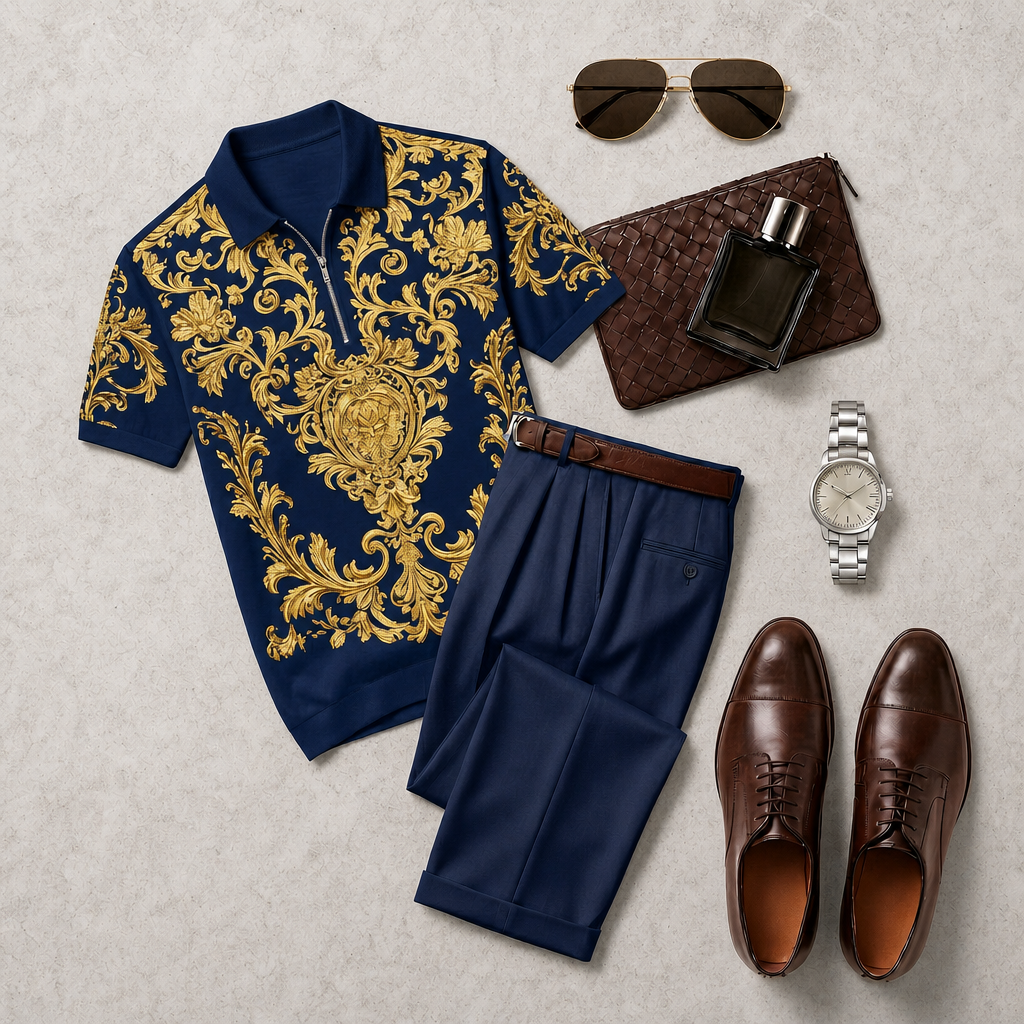 Men's Casual With Color Deep Blue Print Polo Collar Zipper Short-Sleeve And Pants Set