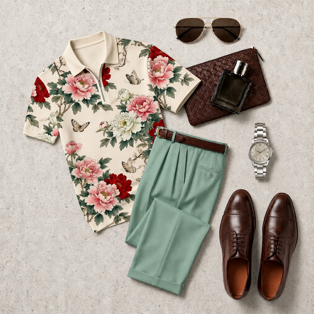 Men's Casual With Color Floral Print Polo Collar Zipper Short-Sleeve And Pants Set