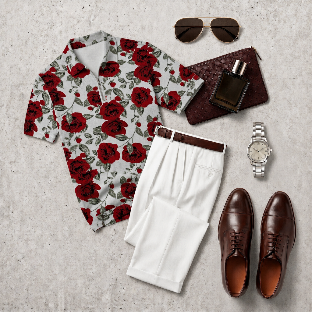 Men's Casual With Red Roses Print Polo Collar Zipper Short-Sleeve And Pants Set