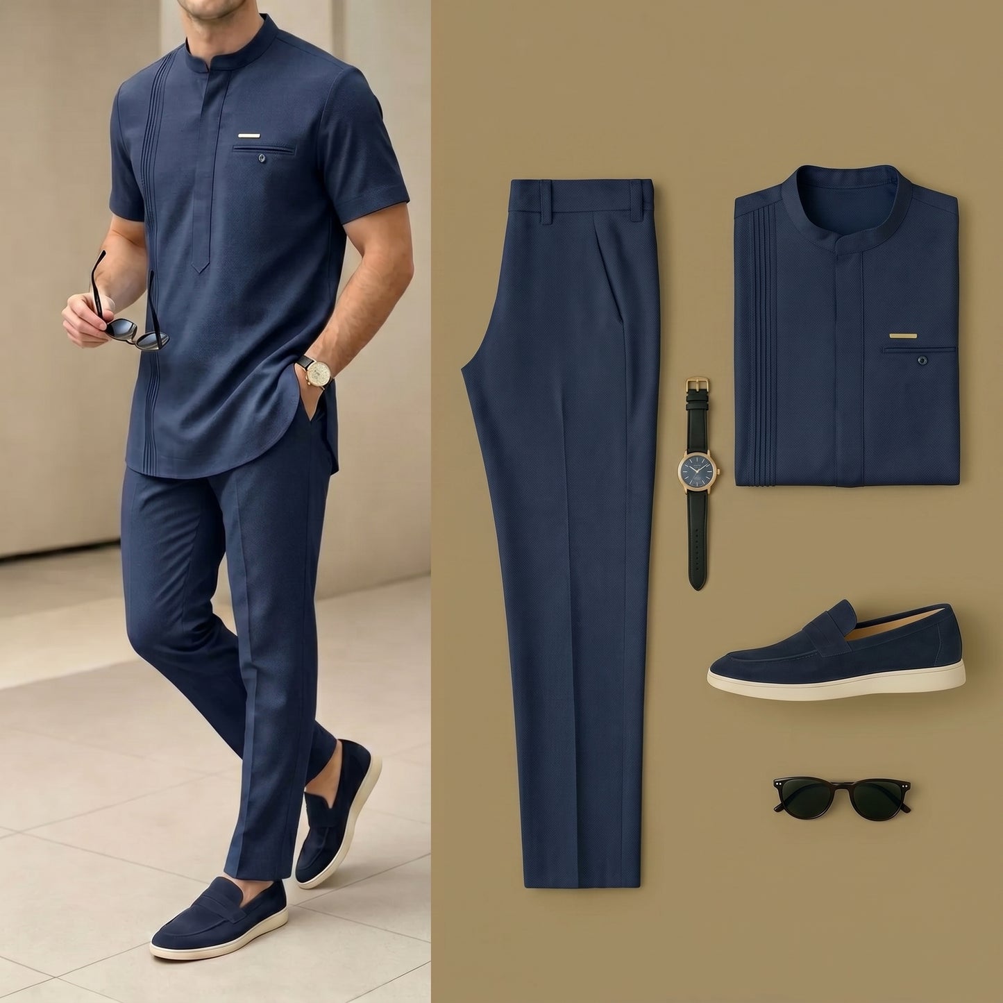 Men's Luxury Resort Wear Linen Navy Blue Henry Collar Short Sleeves Walking Suits