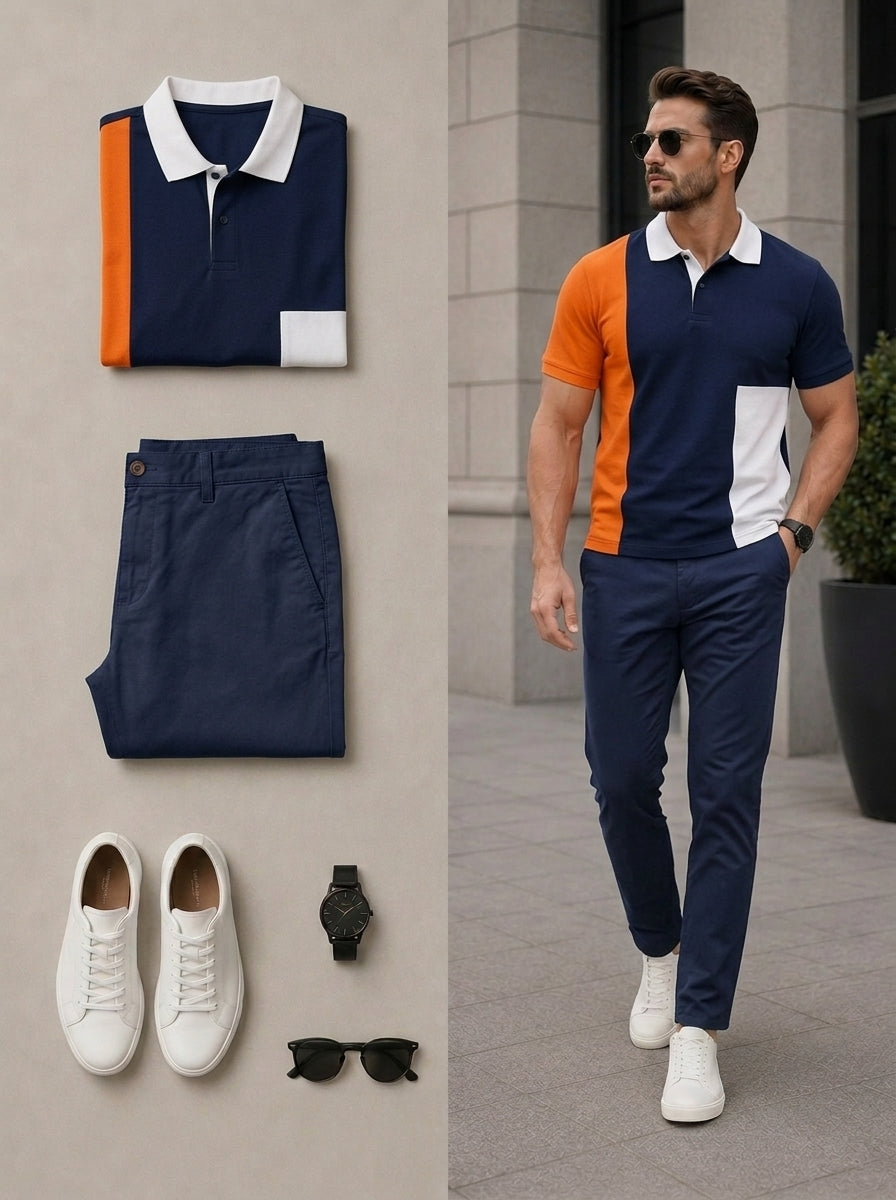 Men's Casual Navy Blue Color Matching Short Sleeves Polo Shirt & Pants Two Piece Set