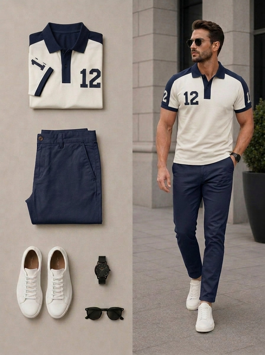 Men's Casual Black & White Color Matching Short Sleeves Polo Shirt & Pants Two Piece Set