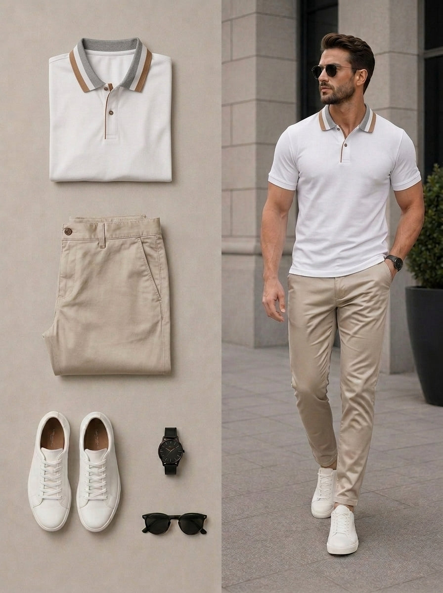 Men's Casual Navy Blue & Khaki Color Matching Short Sleeves Polo Shirt & Pants Two Piece Set