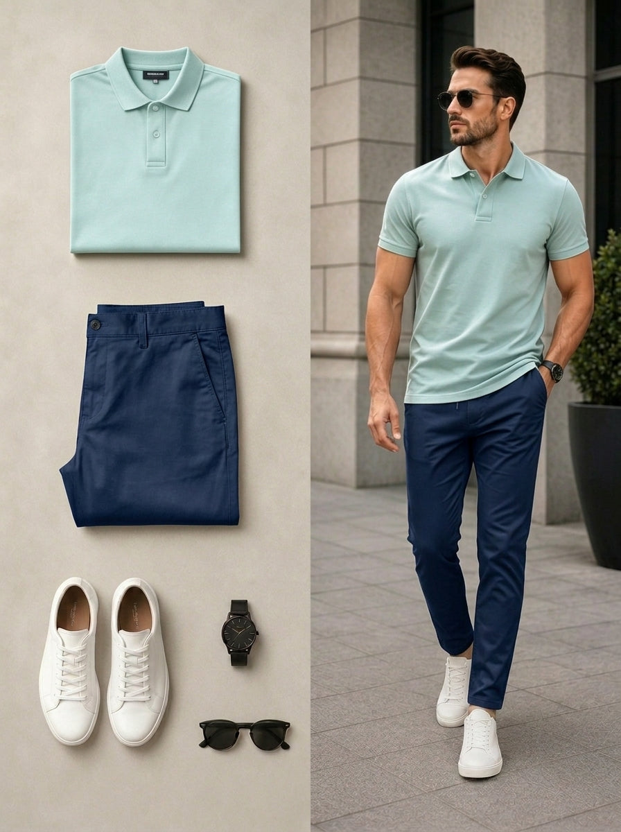 Men's Casual Light Green & Navy Color Matching Short Sleeves Polo Shirt & Pants Two Piece Set