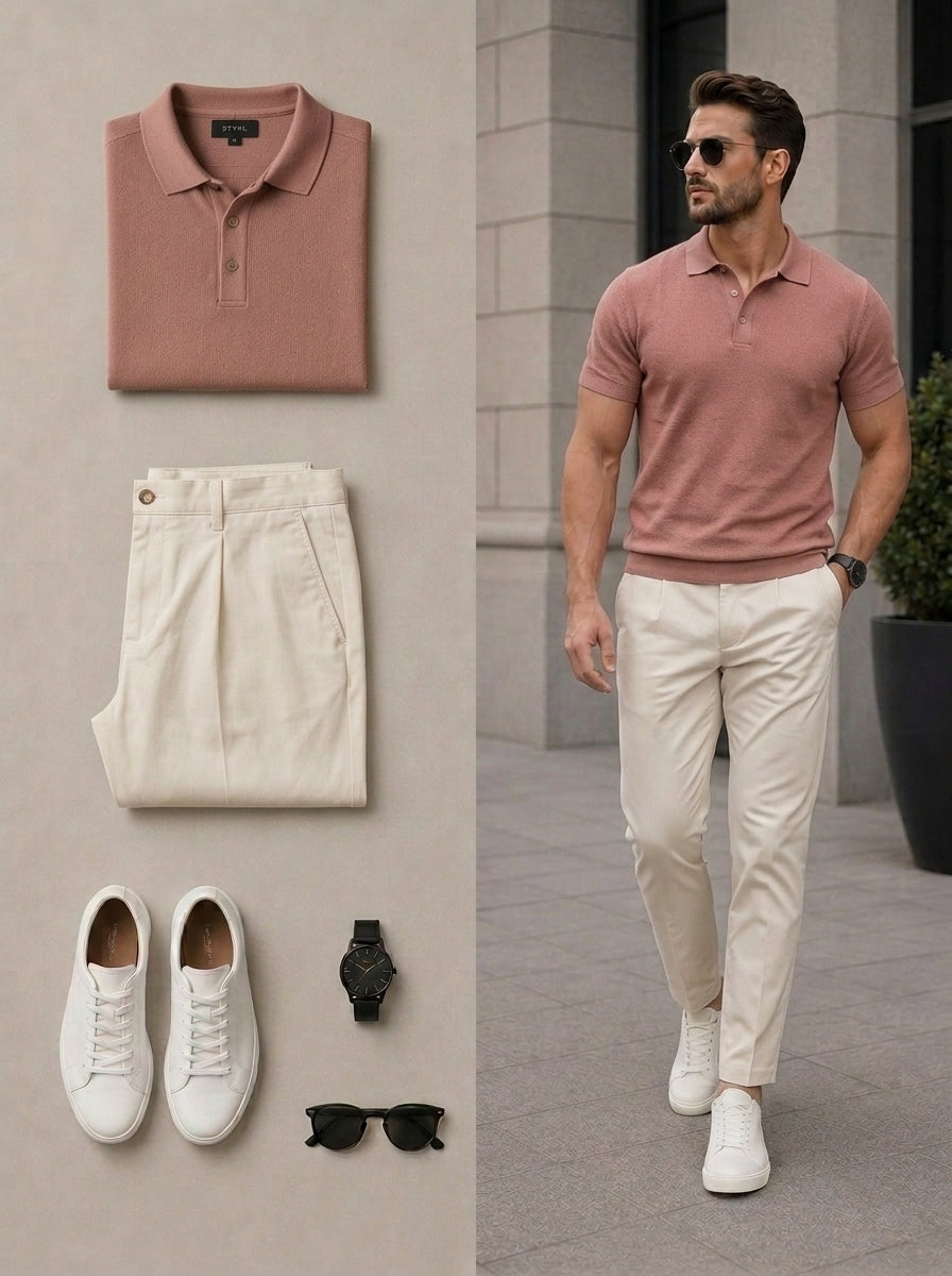 Men's Casual Light Pink & Beige Color Matching Short Sleeves Polo Shirt & Pants Two Piece Set