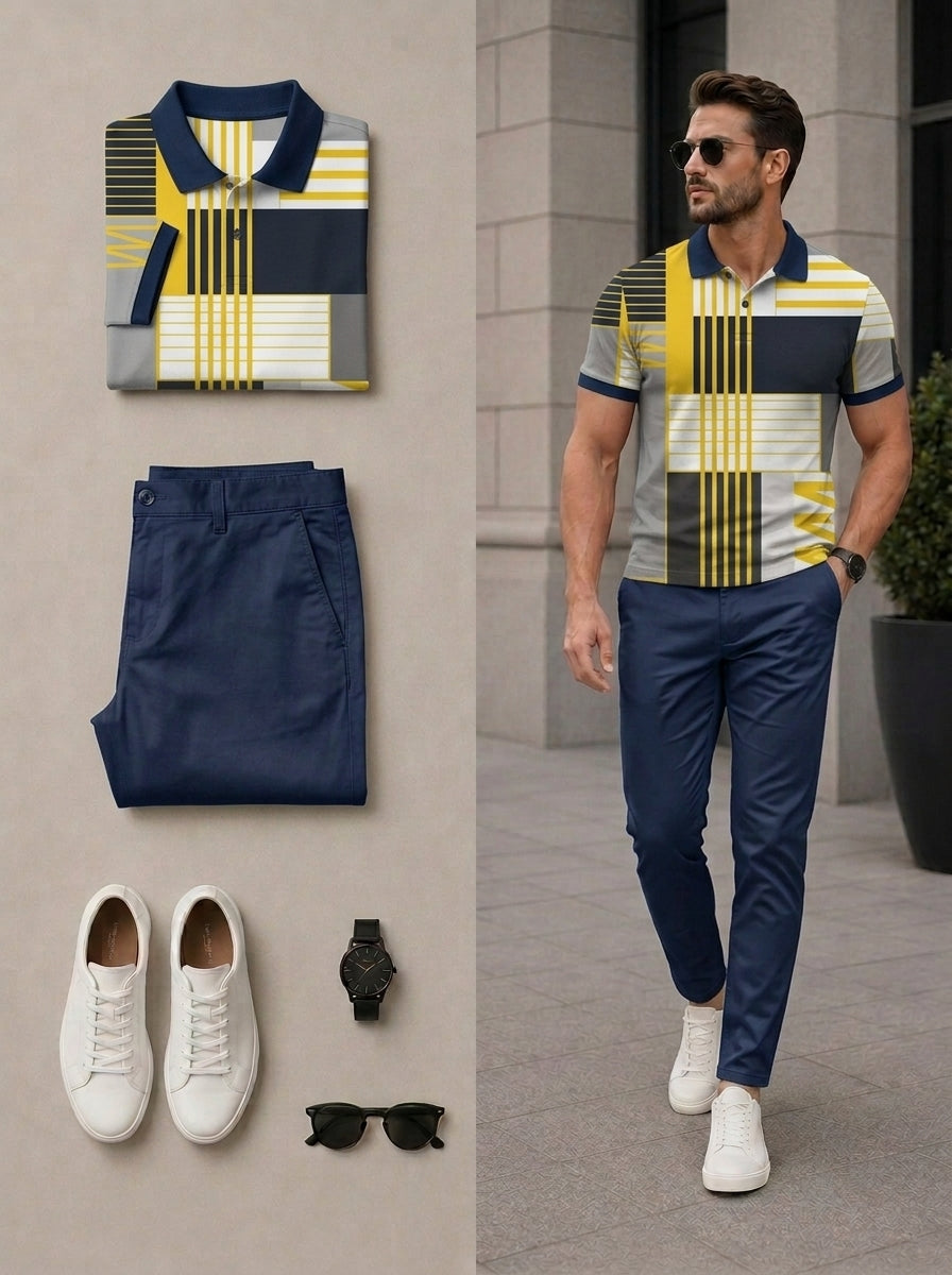 Men's Casual Yellow & Navy Blue Color Matching Geometric Printed Short Sleeves Polo Shirt & Pants Two Piece Set