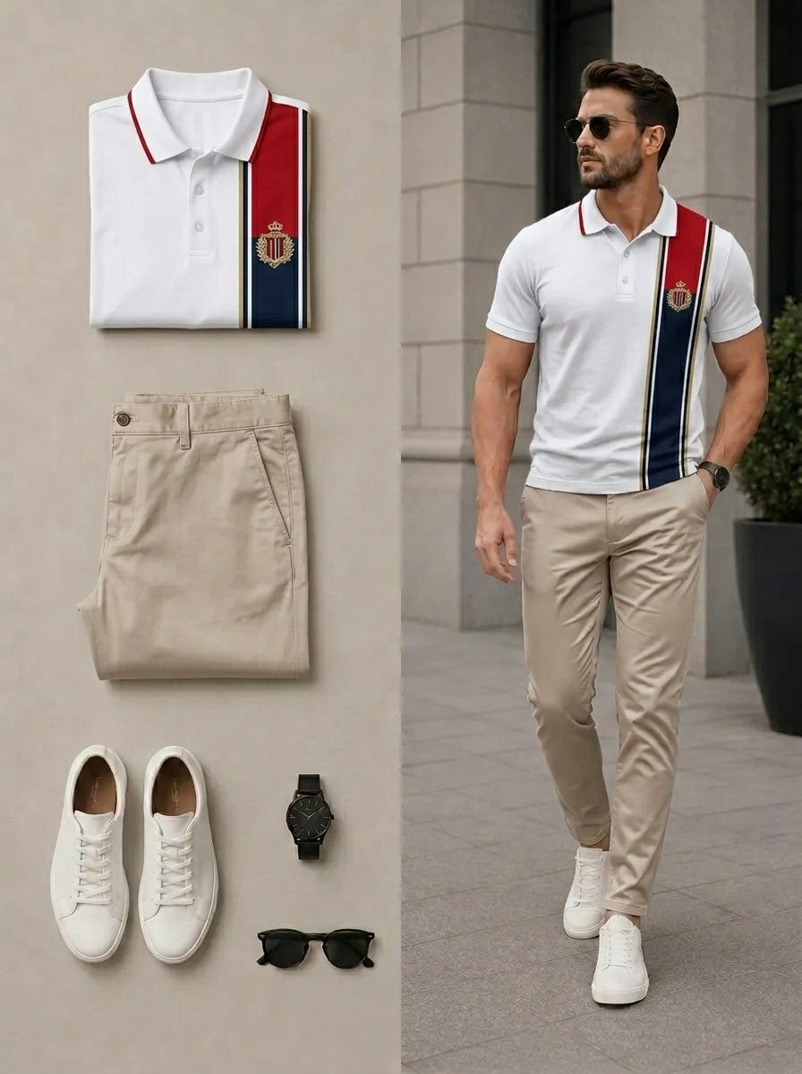 Men's Casual White & Khaki Color Polo Shirt & Pants Two-Piece Set
