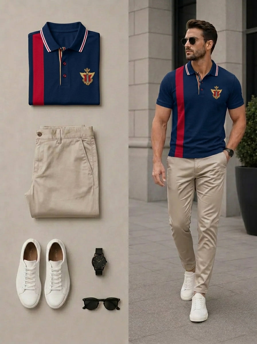 Men's Casual Navy Blue & Khaki Color Matching Printed Polo Shirt & Pants Two-Piece Set