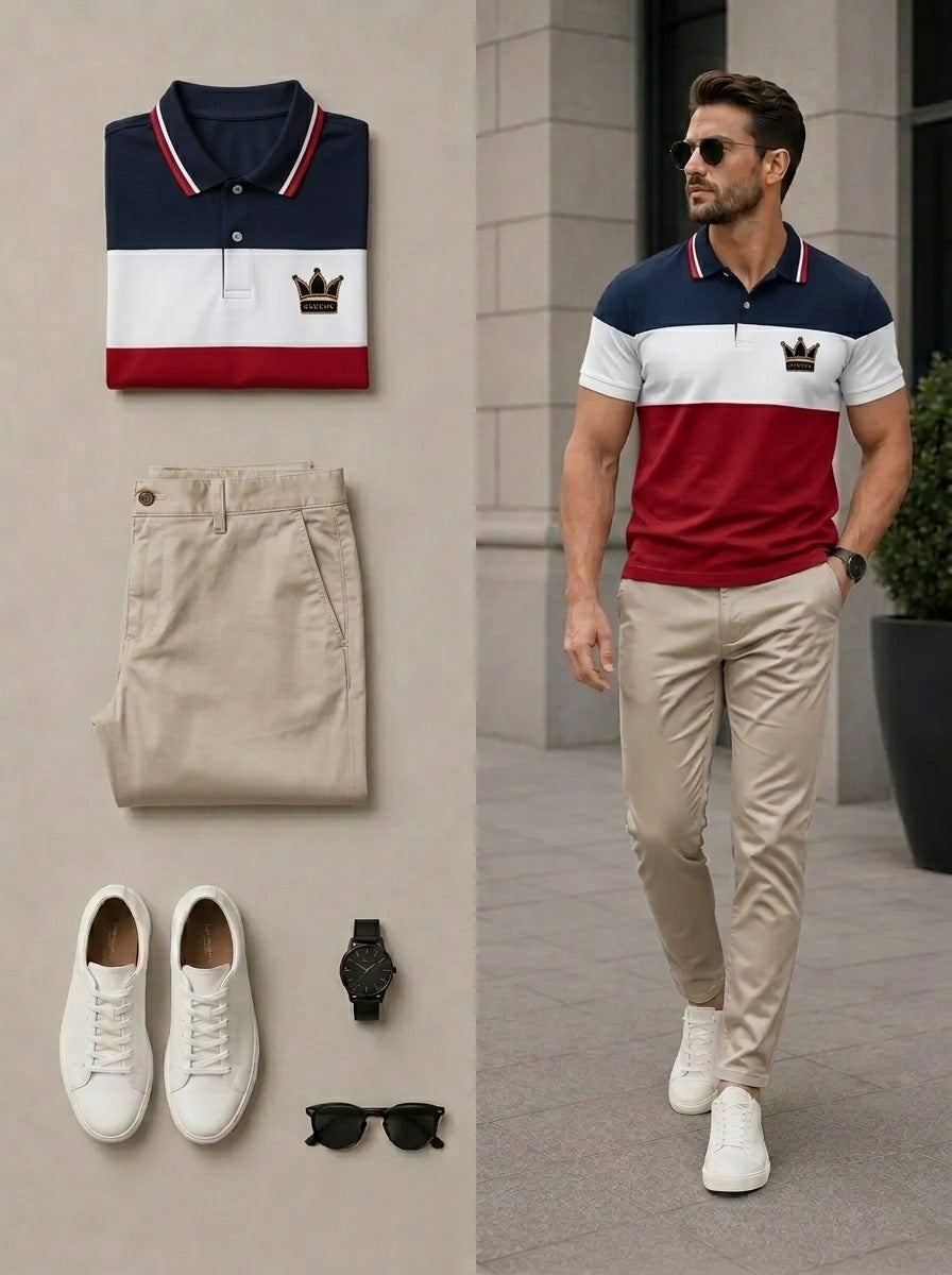 Men's Casual Navy Blue & Khaki Color Matching Printed Polo Shirt & Pants Two-Piece Set