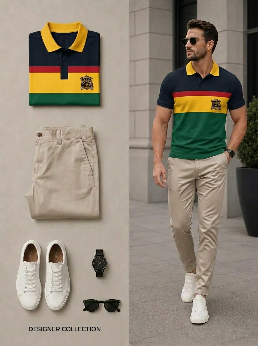 Men's Casual Green & Khaki Color Matching Printed Polo Shirt & Pants Two-Piece Set