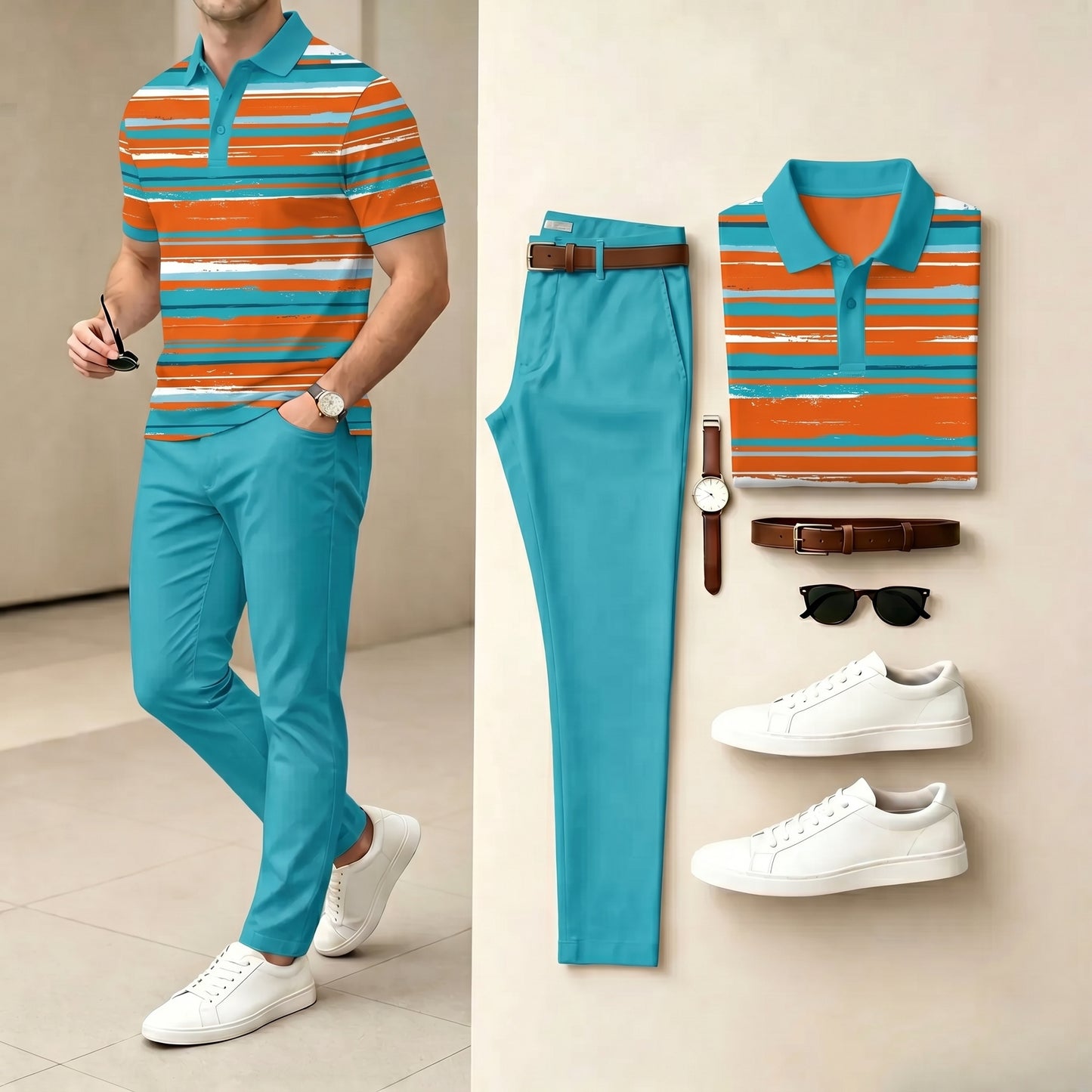Men's Casual Green & Orange Color Matching Striped Printed Polo Shirt & Pants Two-Piece Set