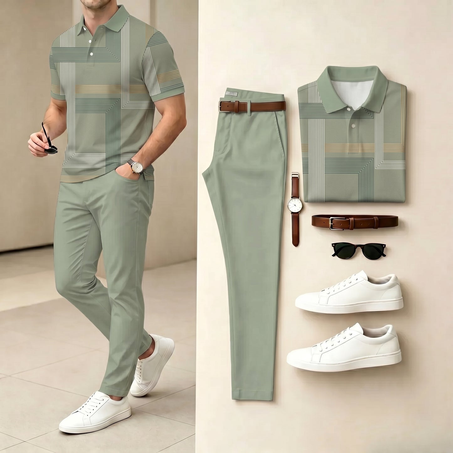 Men's Casual Light Green Color Matching Striped Printed Polo Shirt & Pants Two-Piece Set
