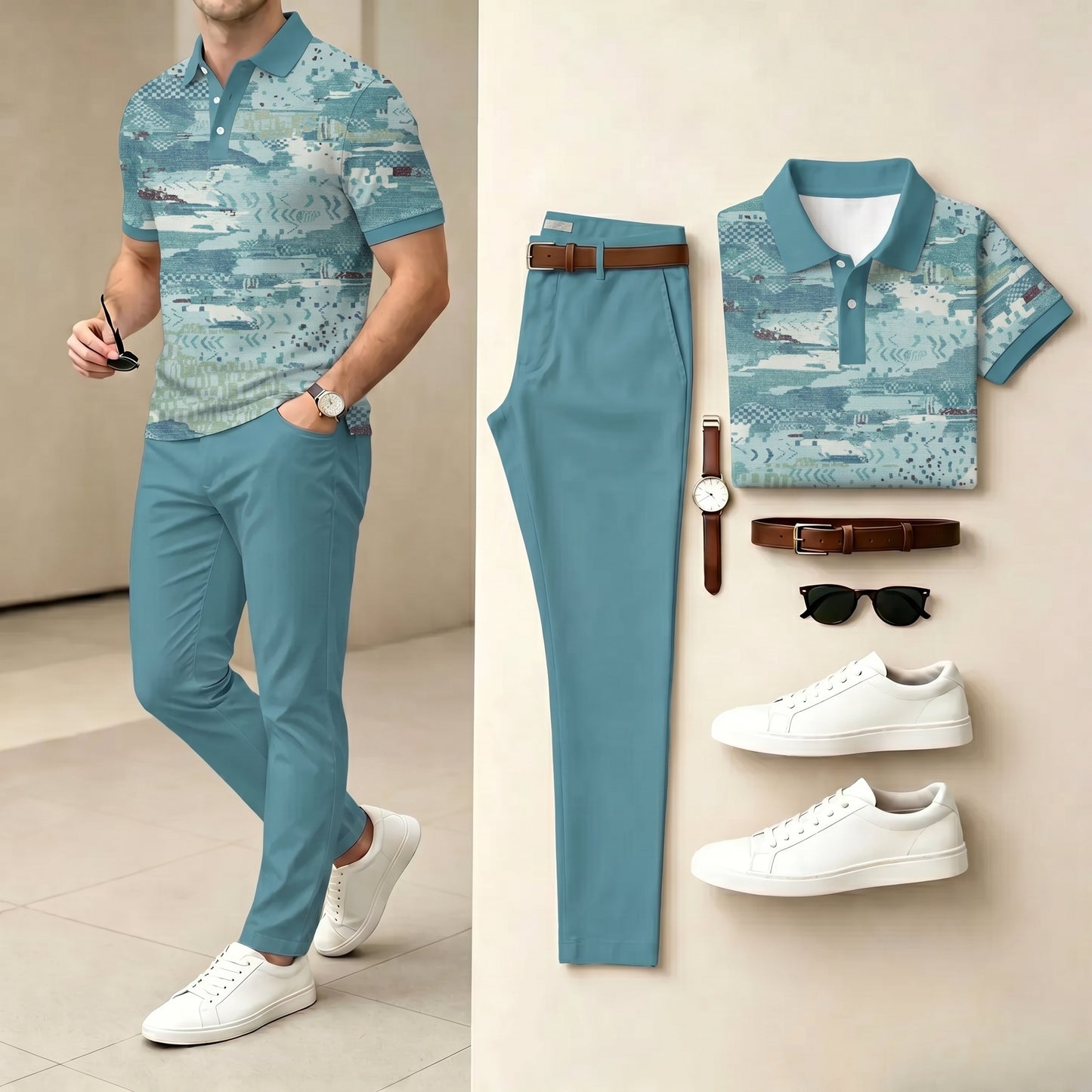 Men's Casual Multi Blue Color Matching Plaid Printed Polo Shirt & Pants Two-Piece Set