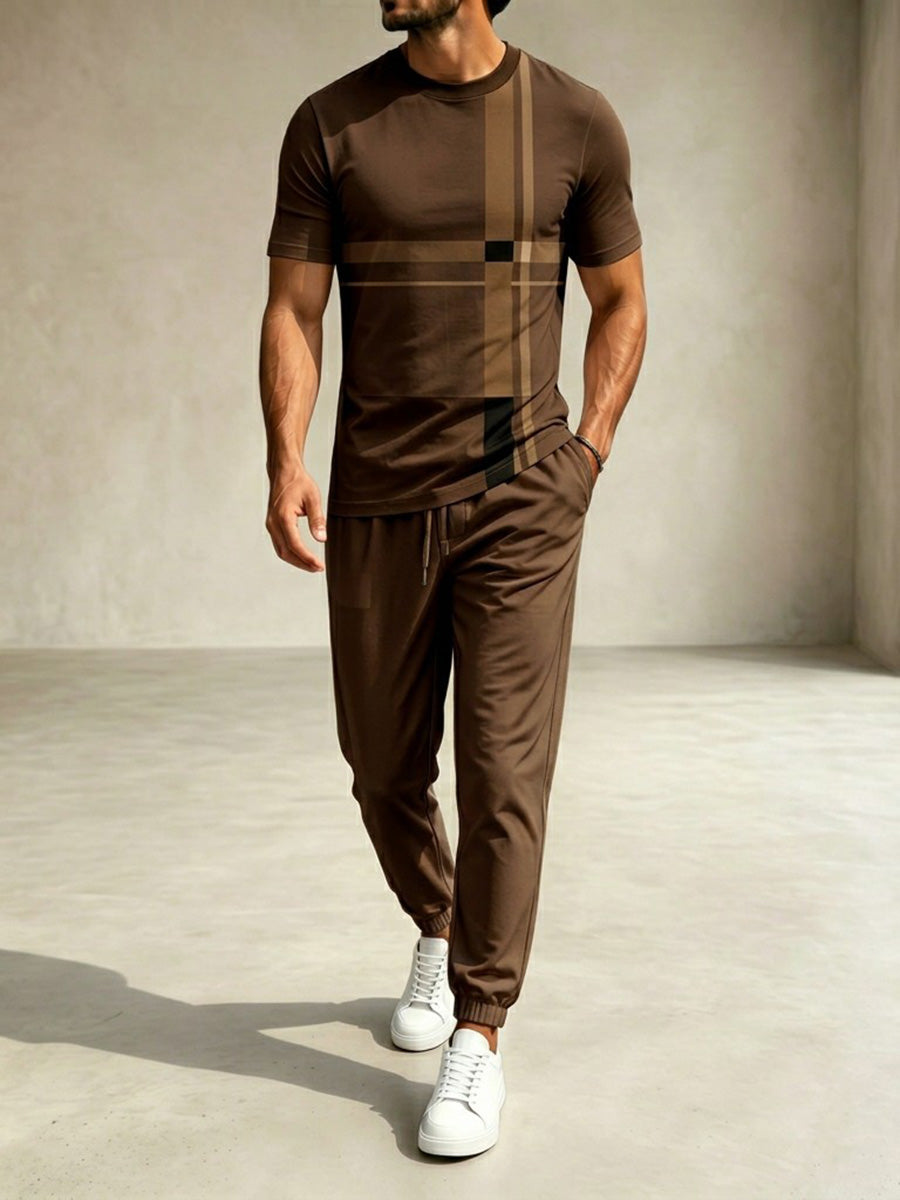 Men's Casual Coffee Color Matching Geometric Printed Round Neck T-Shirt & Pants Two-Piece Set