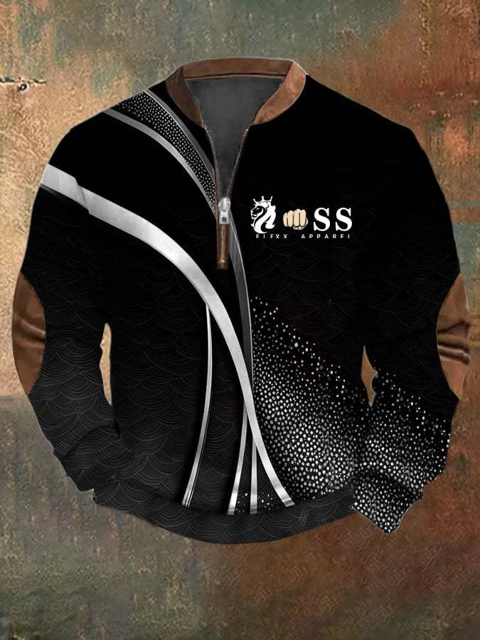 Men's Retro Letter Design Printed Casual Zipper Collar Long-Sleeved Sweatshirt