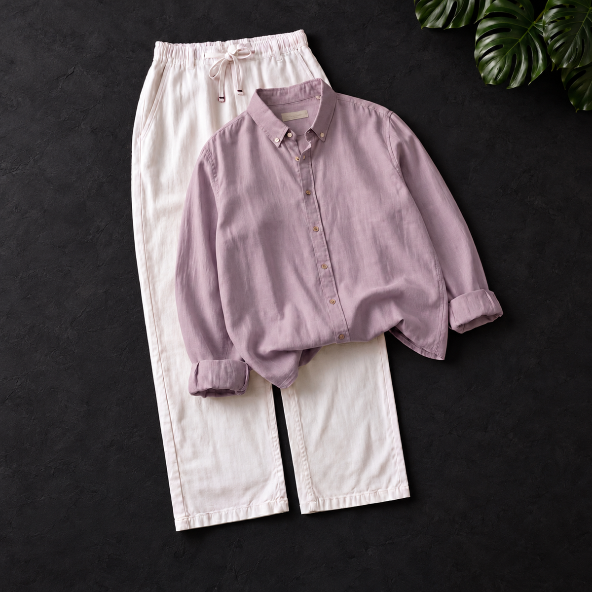 Men's Linen Shirt & Drawstring Pants Set - Lavender
