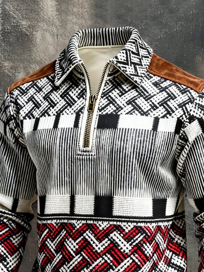 Men's Retro Color Block Print Color-Blocked Zip-Up Sweatshirt