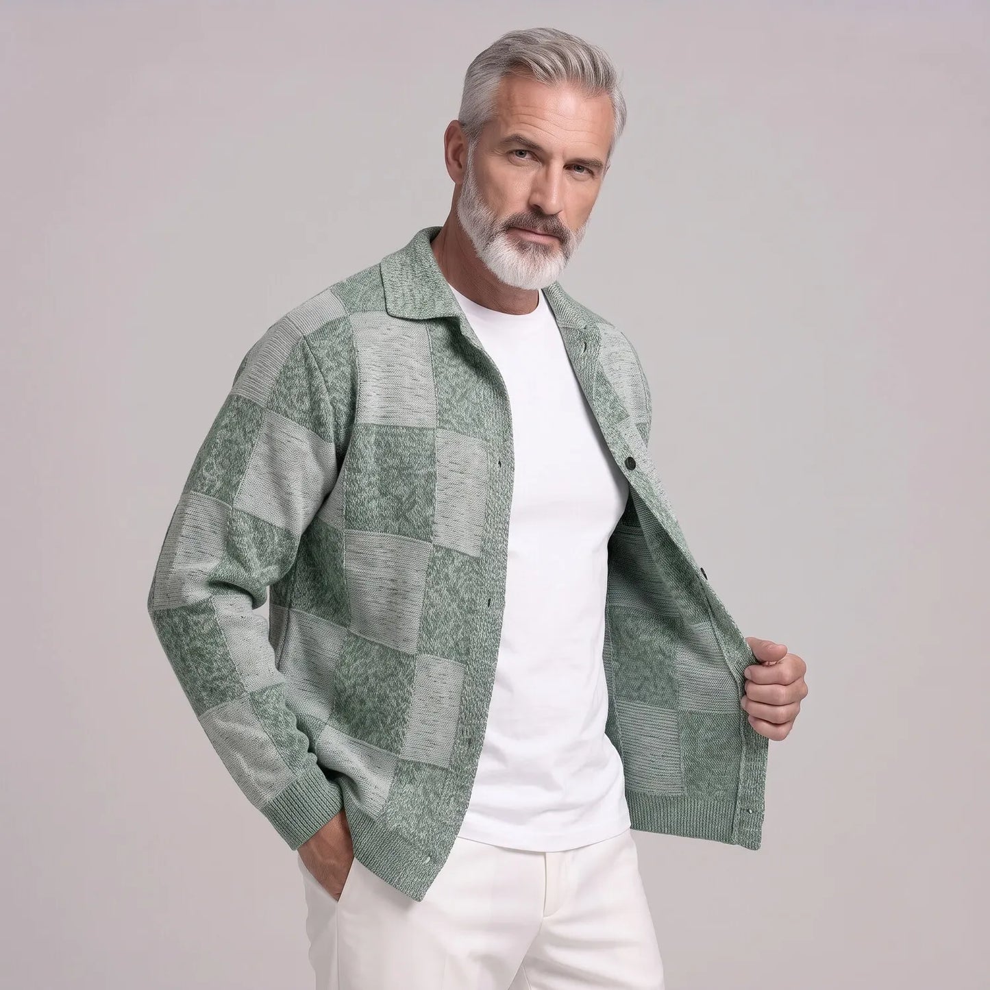 Men's Fashion Plaid Pattern Two-Tone Single Breasted Knitted Cardigan