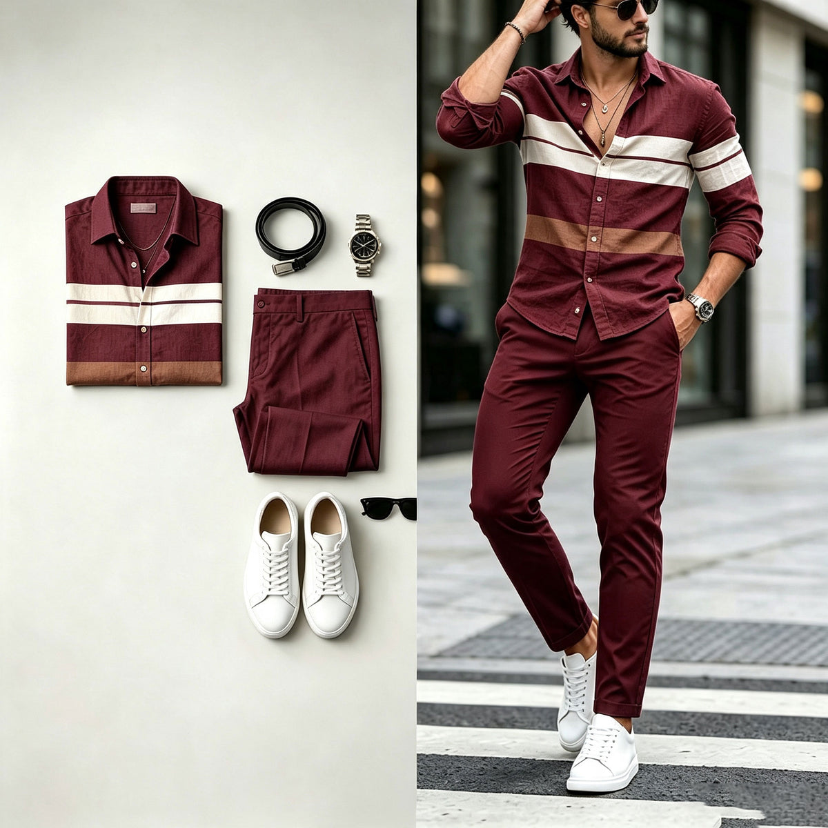Men's Striped Print Long-Sleeve Shirt and Pants Set