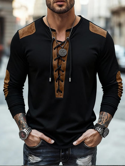 Men's Vintage Suede Patchwork T-Shirt with Tie-Neck Detail