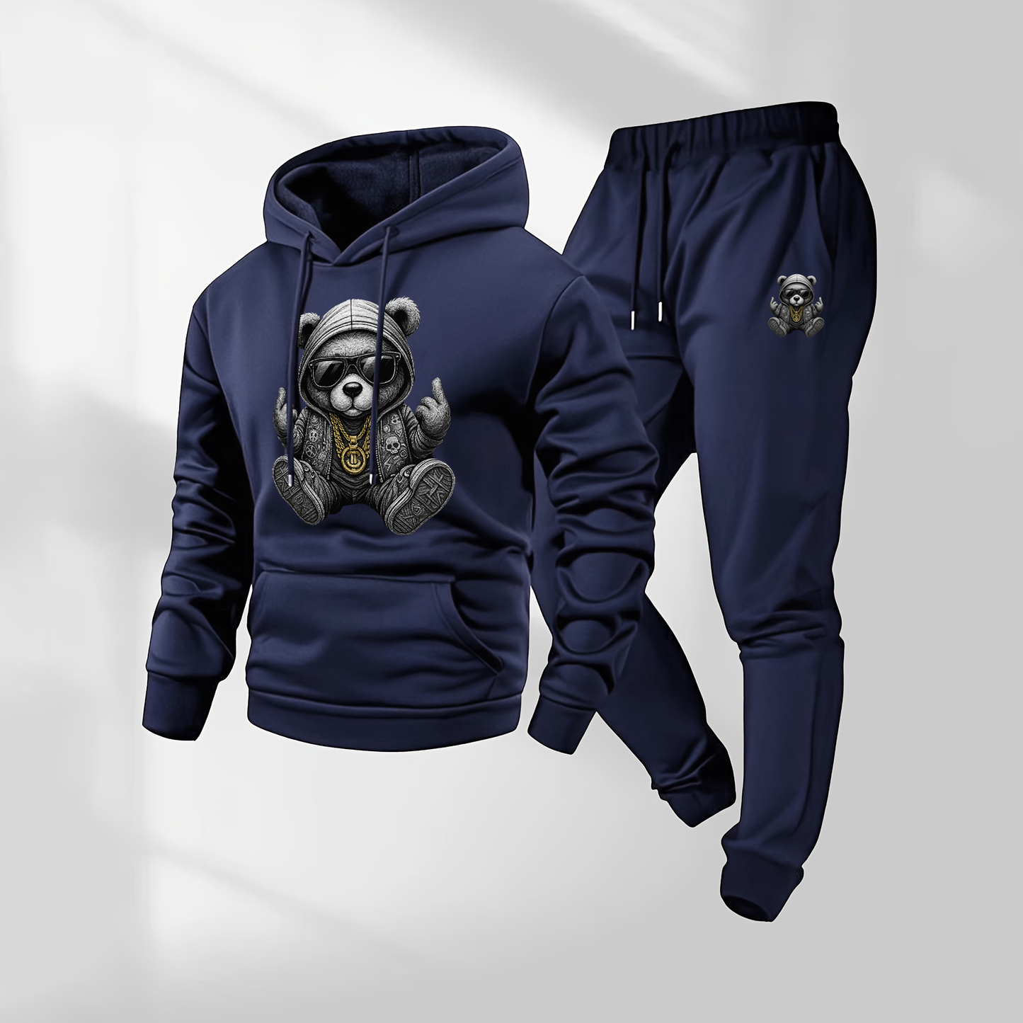 Men's Hip Hop Cartoon Bear Patterned Hoodie And Drawstring Track Pants Set, Men's Casual Athletic Long-Sleeved Hooded Jacket And Pants, Suitable For Fall And Winter, Street Style Hoodie Set, Indoor And Outdoor Sportswear,