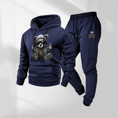 Men's Hip Hop Cartoon Bear Patterned Hoodie And Drawstring Track Pants Set, Men's Casual Athletic Long-Sleeved Hooded Jacket And Pants, Suitable For Fall And Winter, Street Style Hoodie Set, Indoor And Outdoor Sportswear,