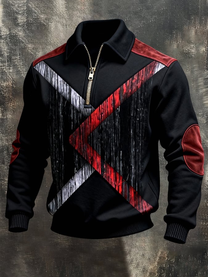 Men's Retro Color Block Print Color-Blocked Zip-Up Sweatshirt