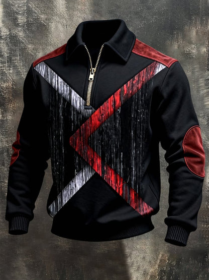 Men's Retro Color Block Print Color-Blocked Zip-Up Sweatshirt