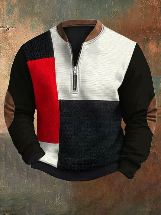 Men's Retro Mondrian Color Block Print Zip Collar Sweatshirt